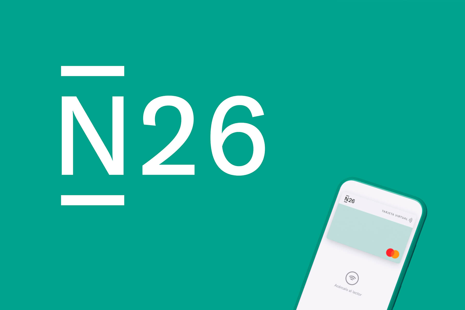 logo de la targeta n26 i el seu color caracterític i un exemple de la targeta virtual que es pot obtenir fàcilment i així tenir la N26 per viatjar gratuitament
