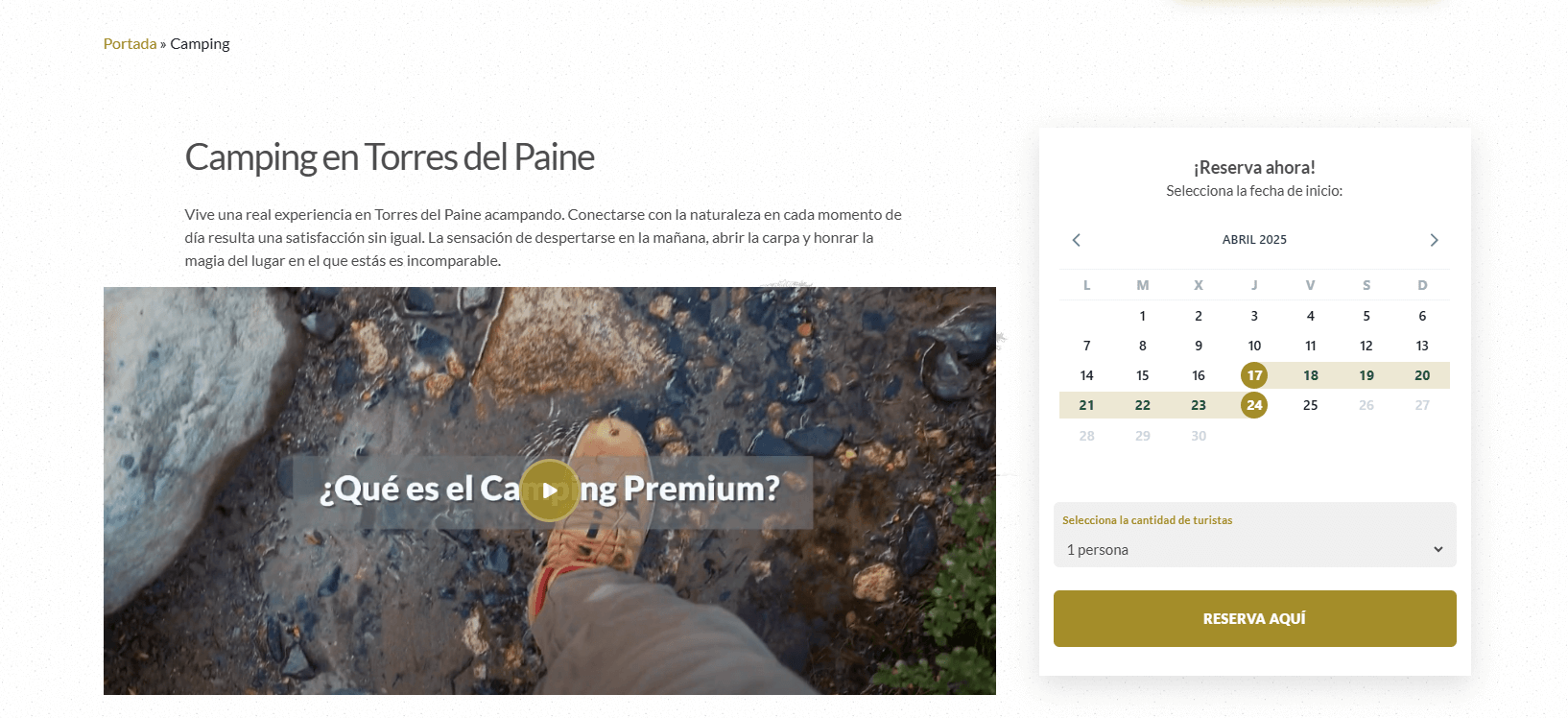 exemple de la web de Las Torres des d'on es poden reservar els càmpings de Torres del Paine