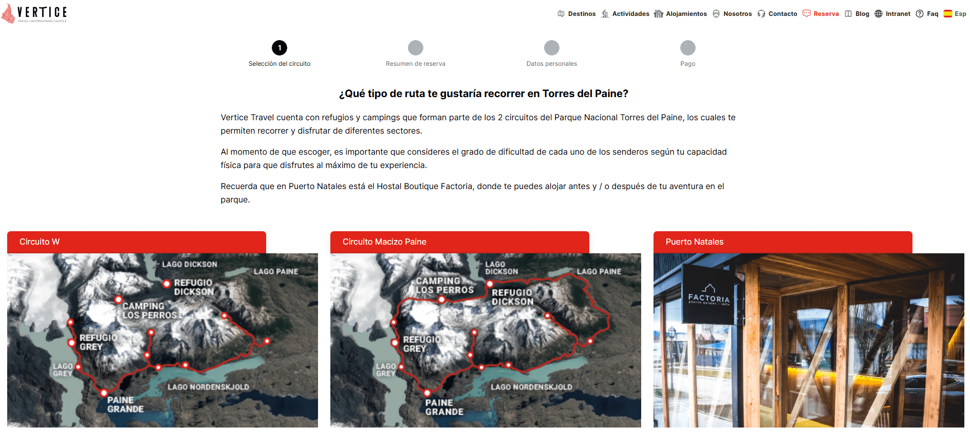 exemple de la plataforma per reservar els càmpings de Torres del Paine que pertanyen a l'agència Vertice