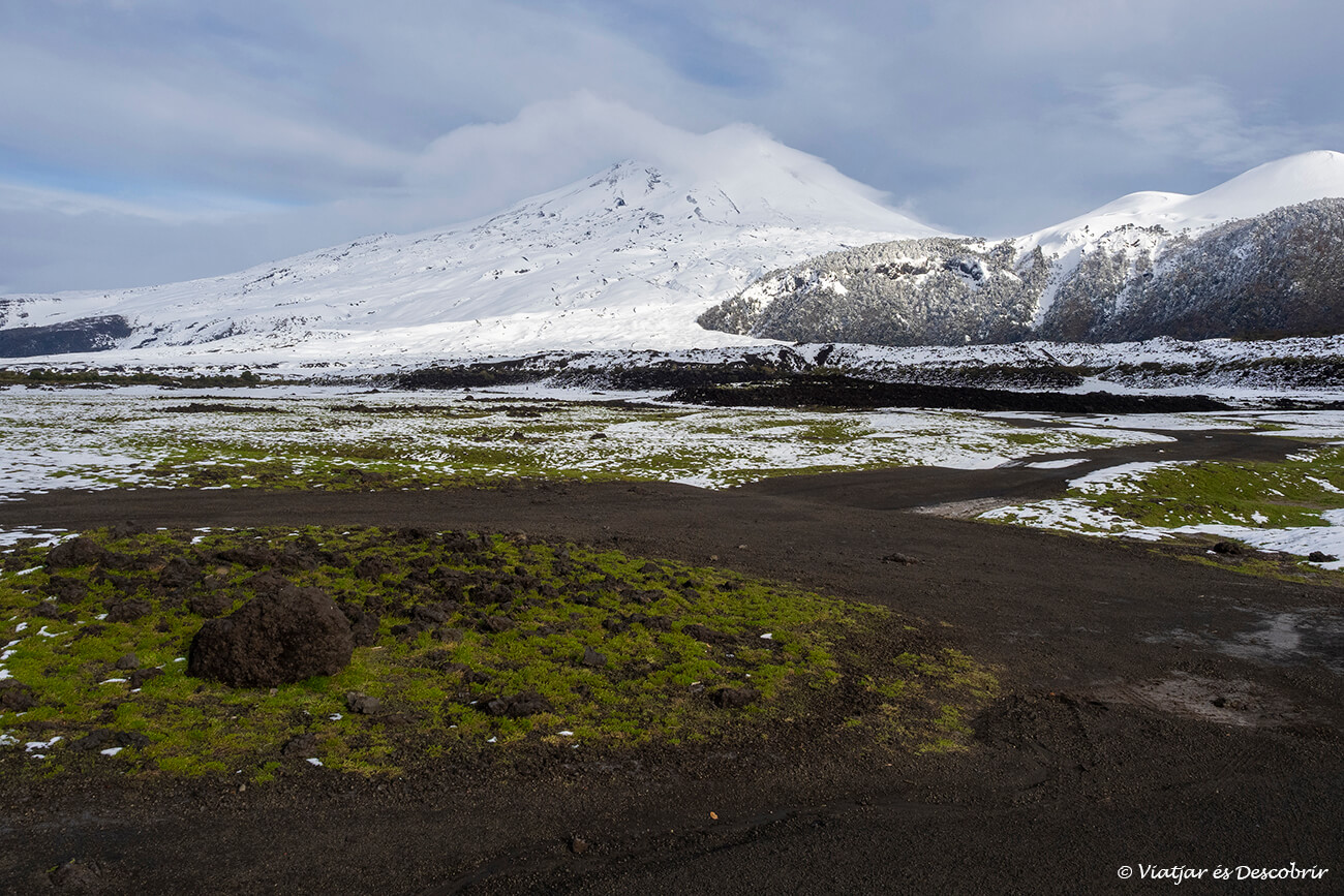 paisatge volcànic i el Llaima nevat al fons